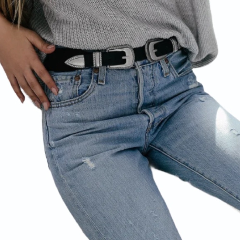 Western Double Buckle Laser Cut Leather Belt Black